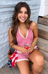 Arnie Red Gingham Broderie Lace Halter Top