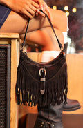 Bailey Black Suedette Silver Buckle Fringe Shoulder Bag