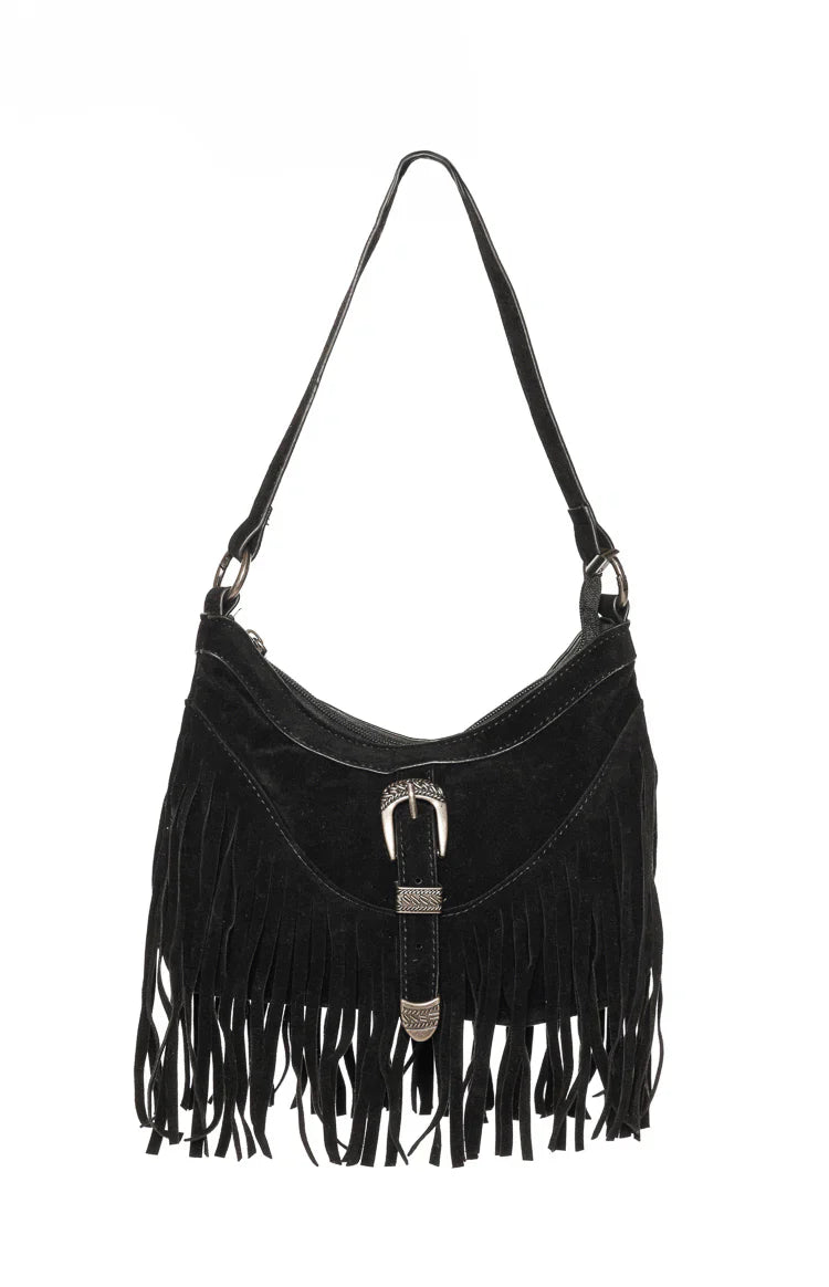 Bailey Black Suedette Silver Buckle Fringe Shoulder Bag