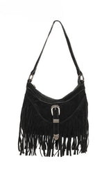 Bailey Black Suedette Silver Buckle Fringe Shoulder Bag