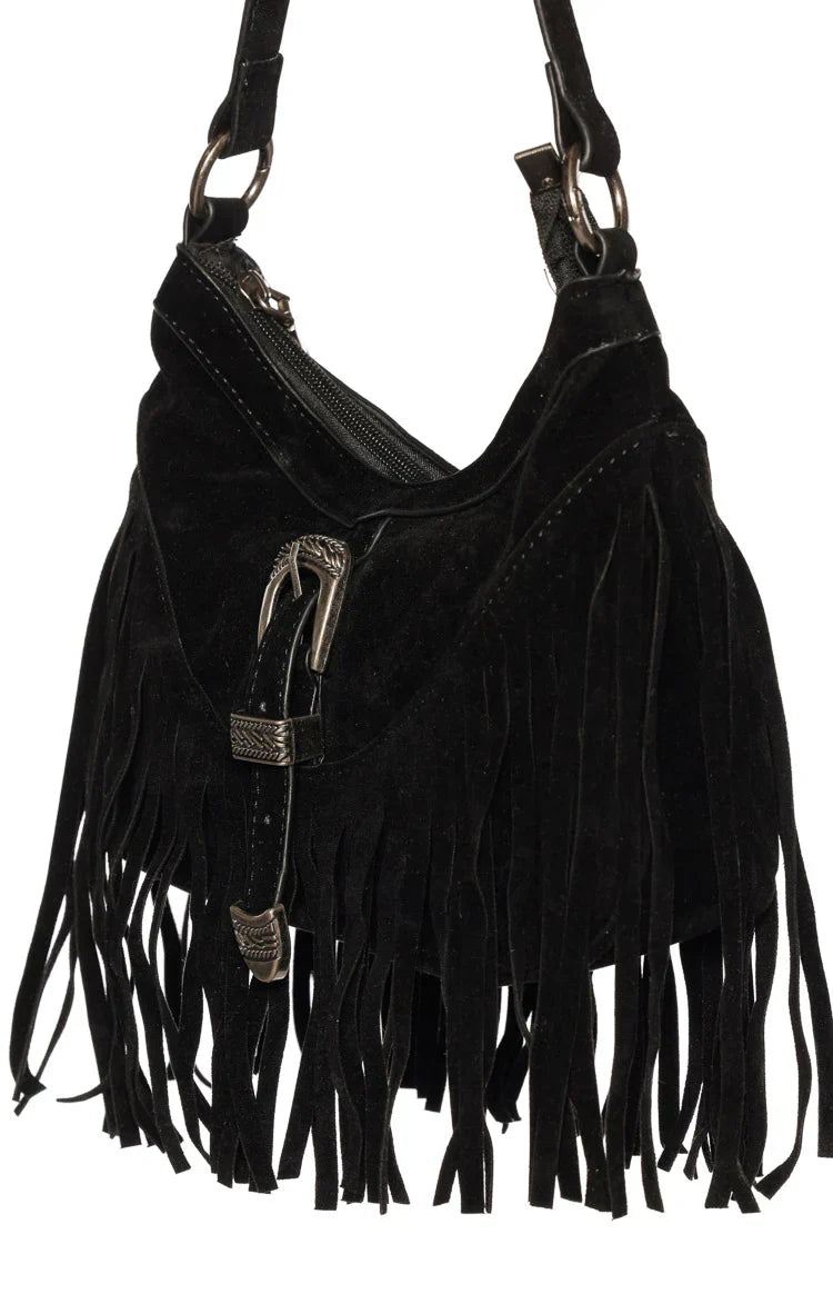 Bailey Black Suedette Silver Buckle Fringe Shoulder Bag