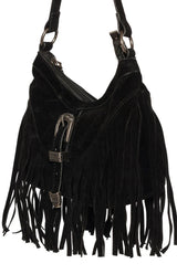 Bailey Black Suedette Silver Buckle Fringe Shoulder Bag