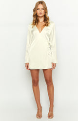 Kasya Cream Satin Long Sleeve Mini Dress