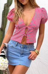 Wednesday Red Gingham Puff Sleeve Tie Top