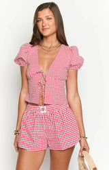 Wednesday Red Gingham Puff Sleeve Tie Top